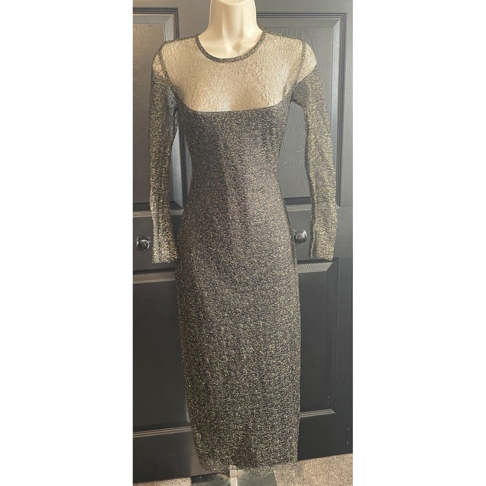 By Egreis Dress S Black Gold Glitter Mesh Long Sleeve Bodycon Midi Party